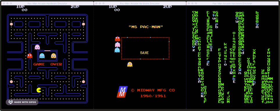 My emulator running Pac-Man, Ms. Pac-Man, and a homebrew ROM that generates the effect from The Matrix.